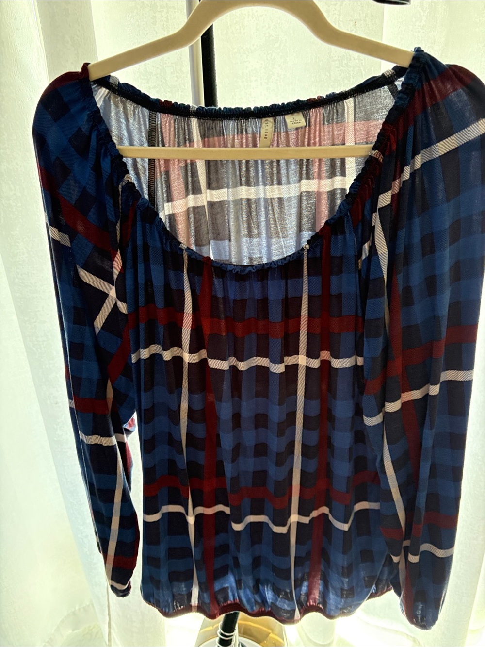 Navy Plaid Peasant Blouse with Red & White Accents